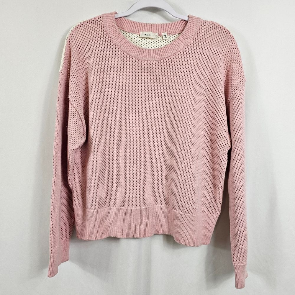 A.L.C Alana Color Block Open Knit Sweater in Baby Pink and White - Size M